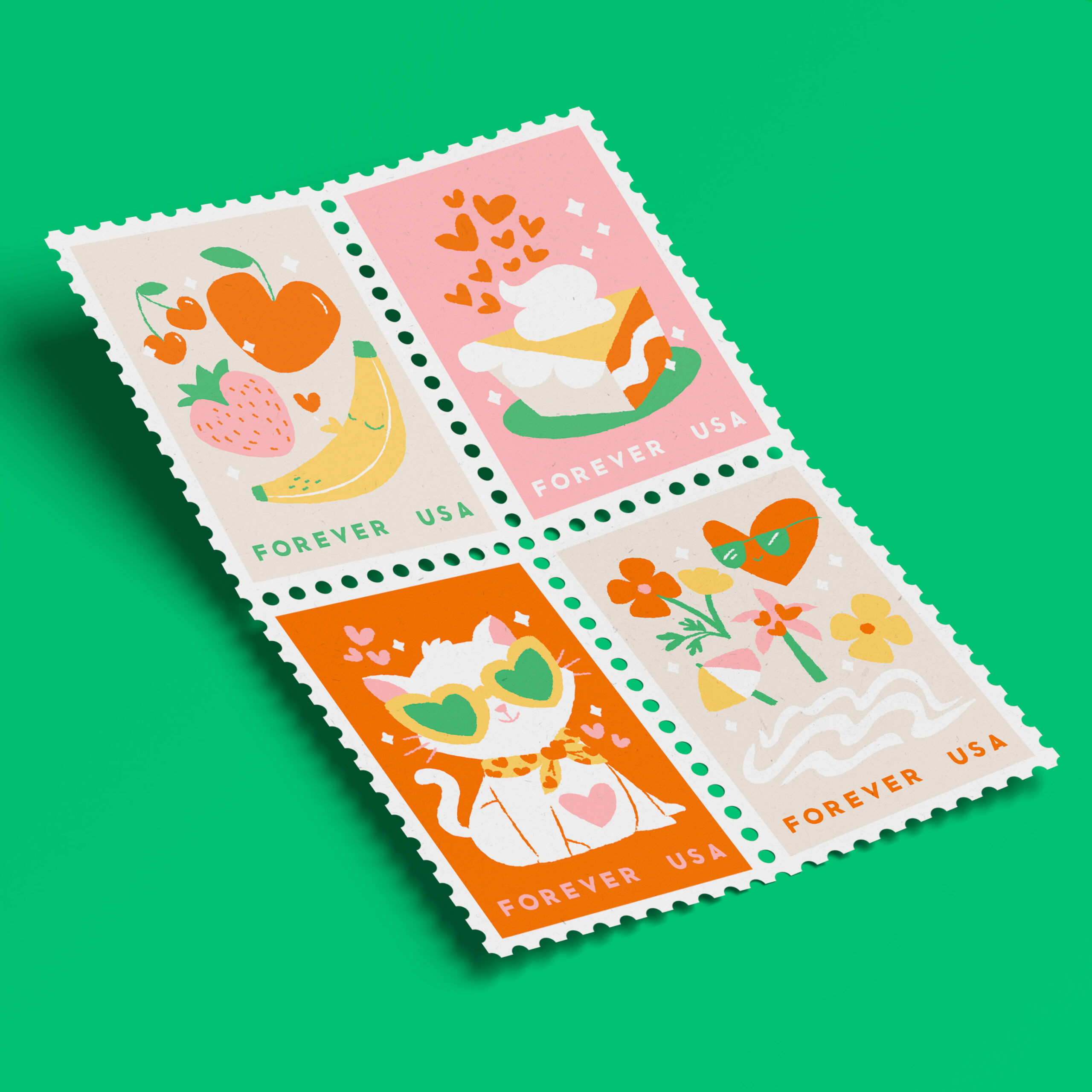 Valentine's day postage stamps, illustrated by Anna Hurley